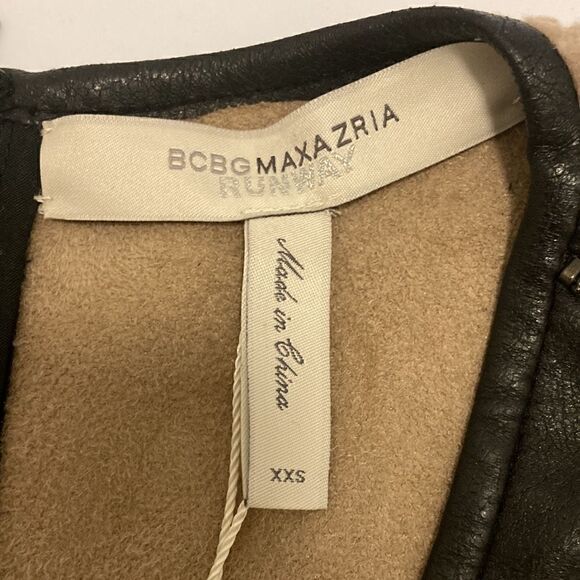 BCBG NWT Runway Nadya Top. Tan Sherpa Texture and Brown Faux Leather. Size XXS. - Picture 6 of 10